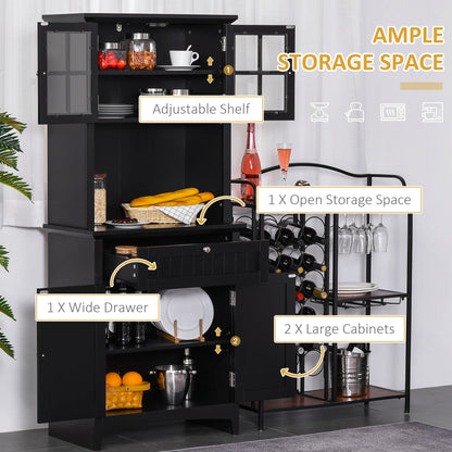 Sleek Black Kitchen Pantry Cabinet with Hutch and Adjustable Shelves