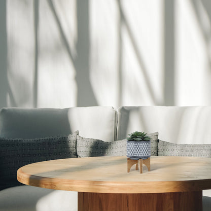 Ceramic Aztec Planter on Wooden Stand, 5-Inch Square Indoor Plant Pot with Drainage, Geometric Gray