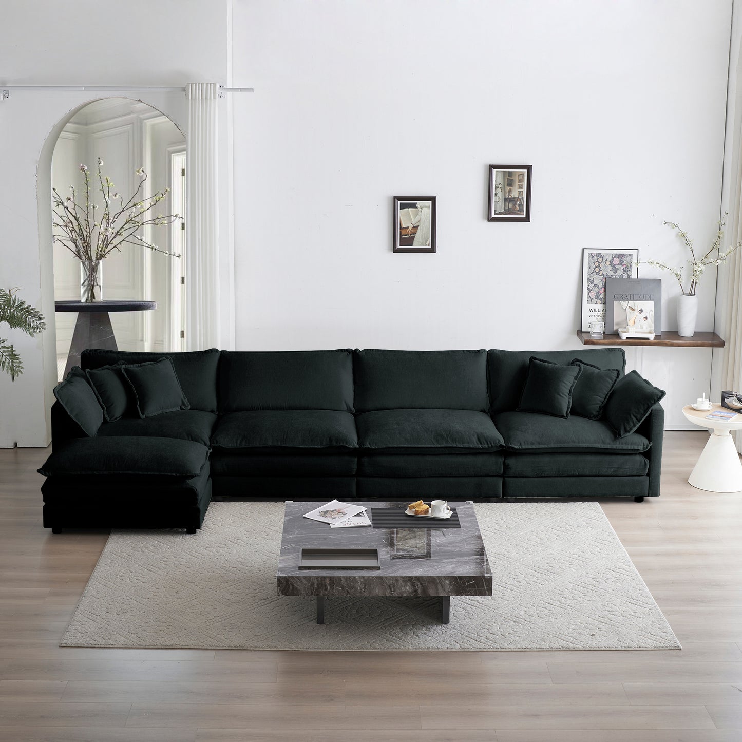 Modular U-Shape Sectional Sofa, 5-Seater Convertible with 1 Ottoman, Chenille Upholstery - Black Chenille
