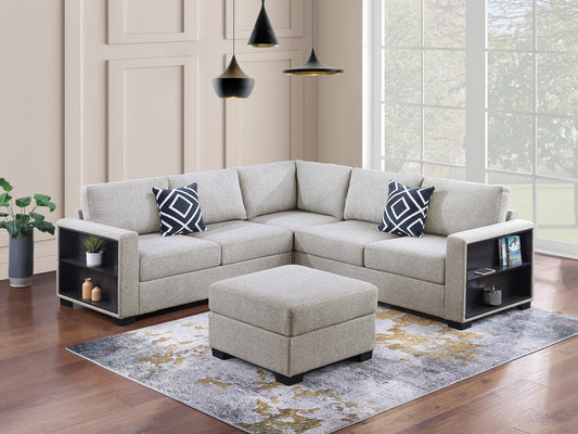 4-Piece L-Shaped Sectional Sofa with Built-In Shelves, Corner Wedge, Ottoman, Contemporary Boucle Beige