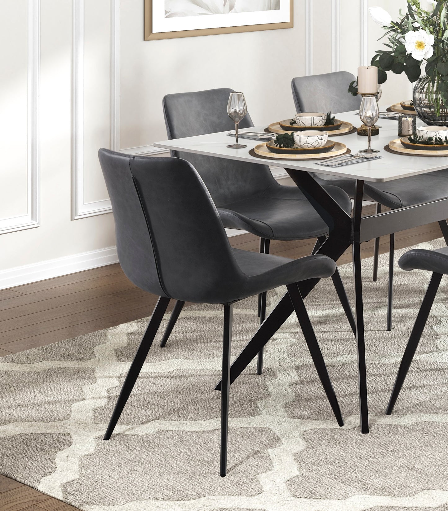 Set of 2 Modern Faux Leather Dining Chairs with Black Metal Legs, Easy Assembly, Dining Kitchen, Gray