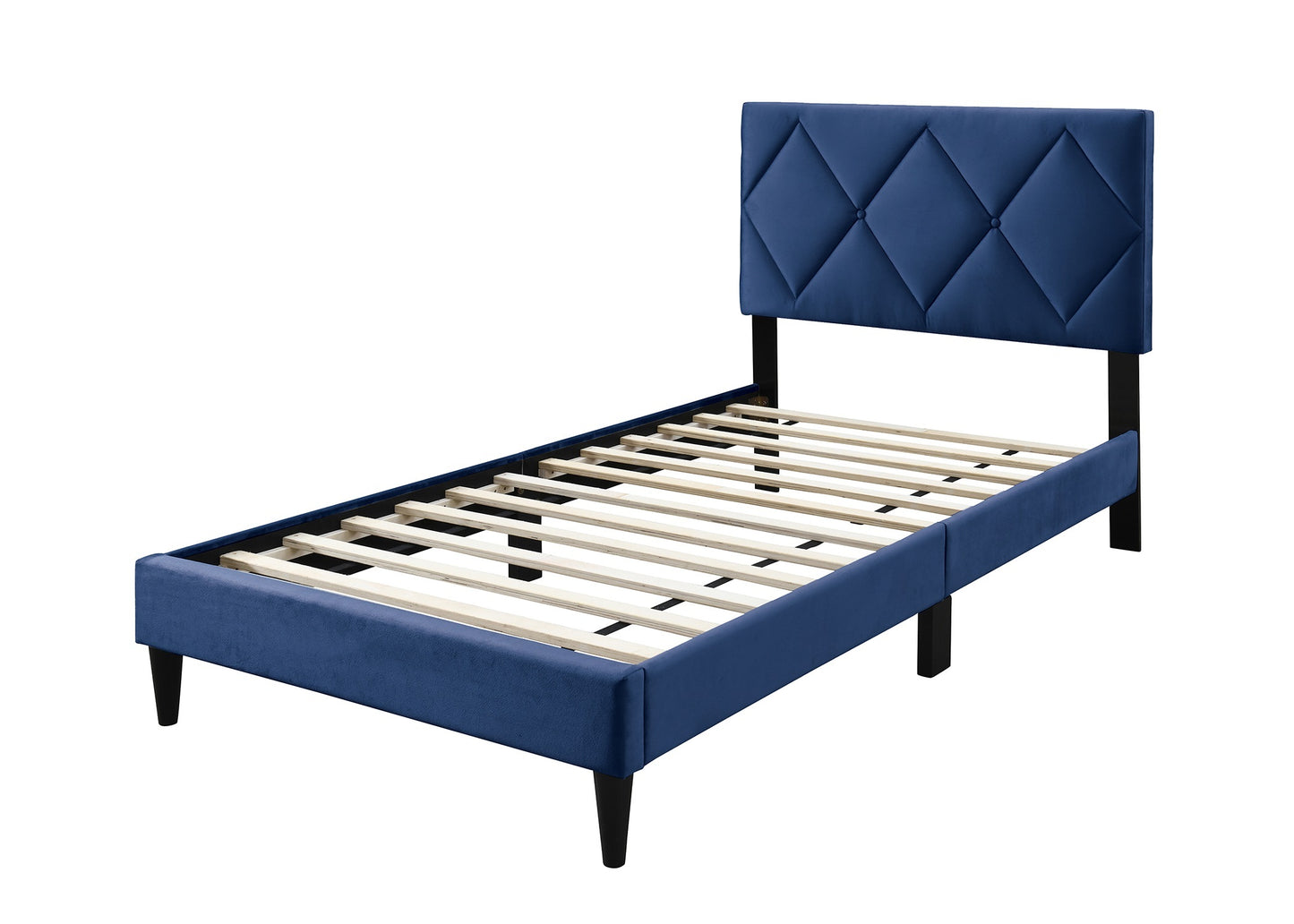 Navy Blue Velvet Upholstered Twin Bed with Adjustable Headboard for Youth Bedrooms