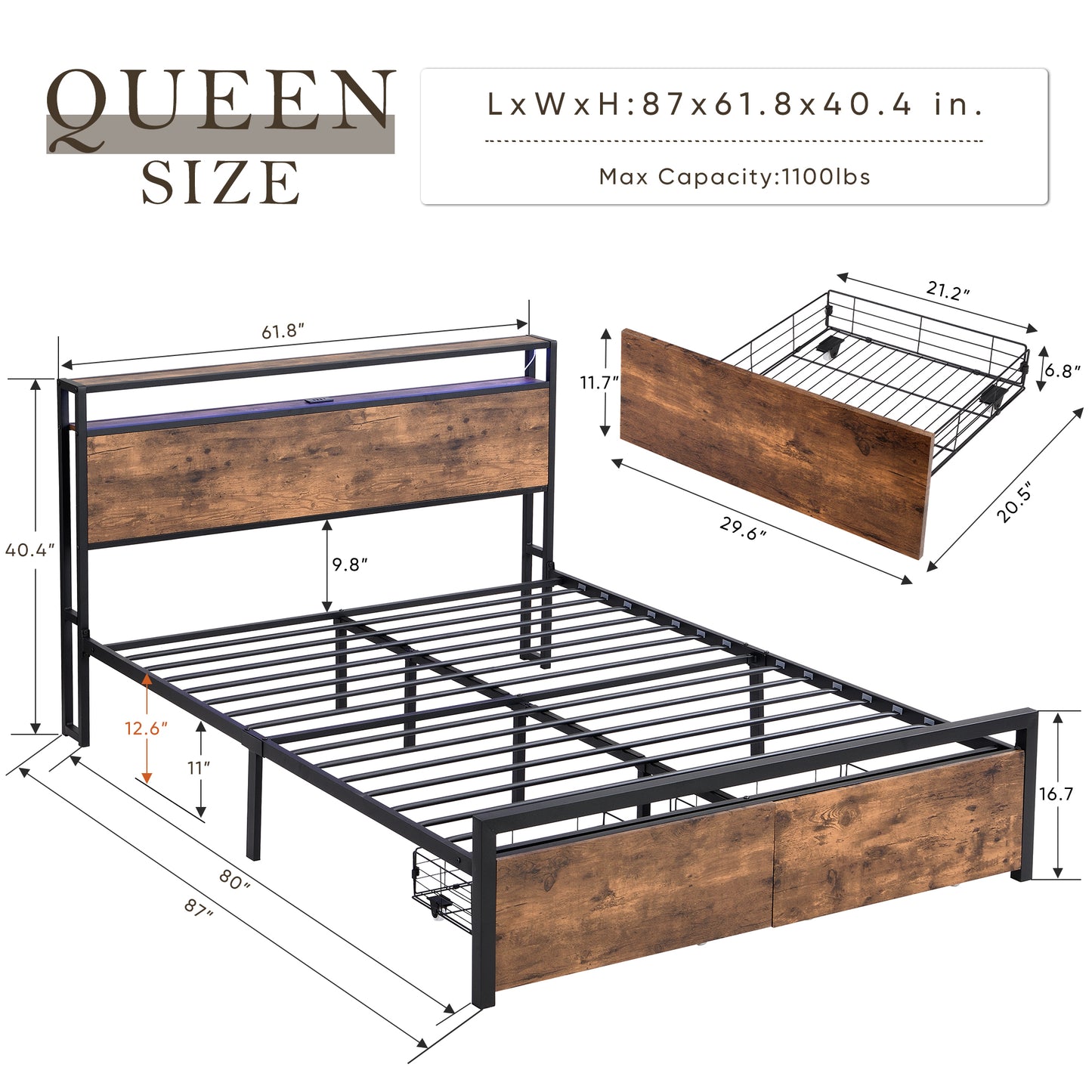 Modern Queen Bed Frame with LED Headboard, Integrated Charging Station & Storage Drawers – Sturdy Metal Platform, No Box Spring Required