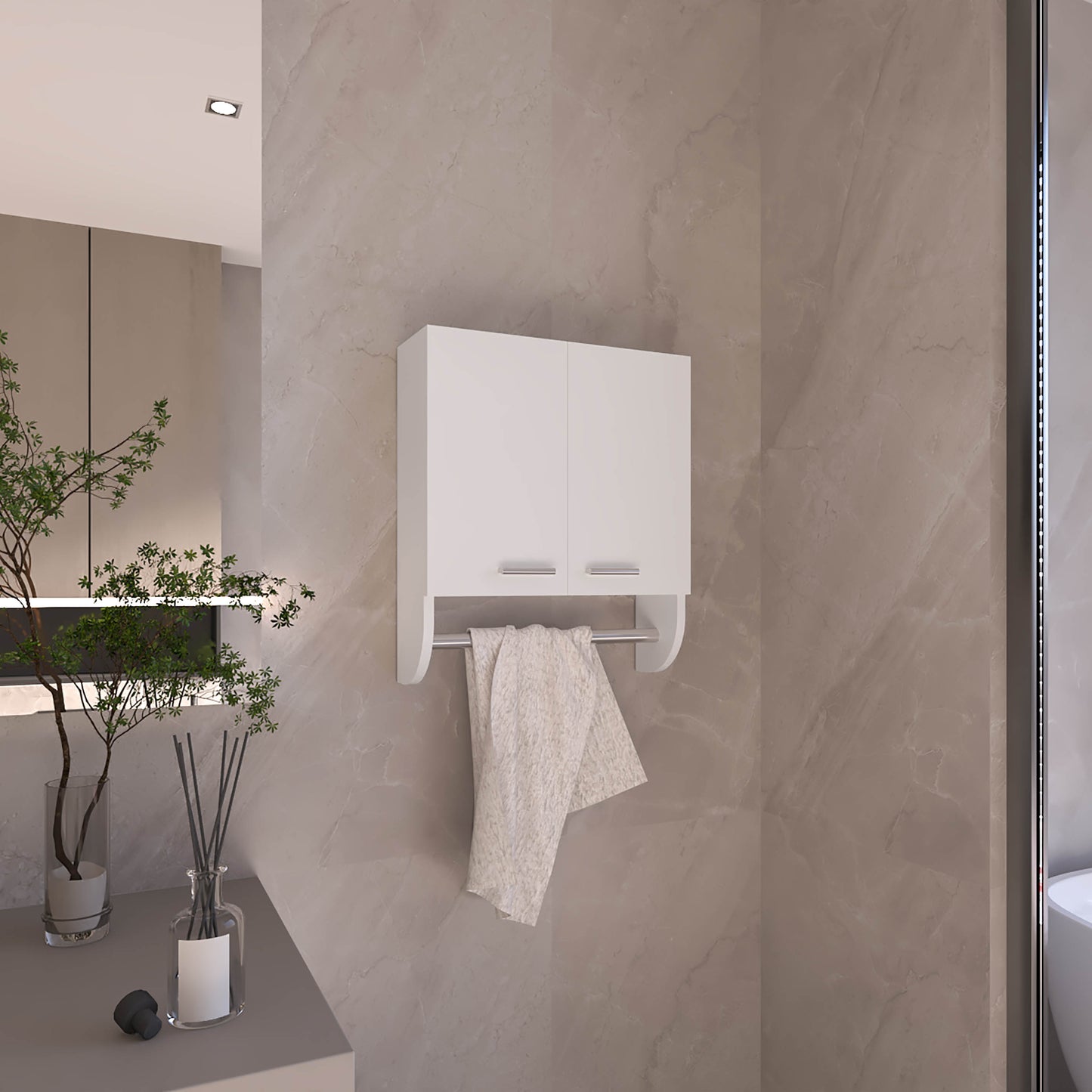 Optim Medicine Cabinet with towel holder 17.4" Wide Medice Cabinet Organizer with Two interior Shelves and Tower Holder for Bathroom, Kitchen, Mudroom