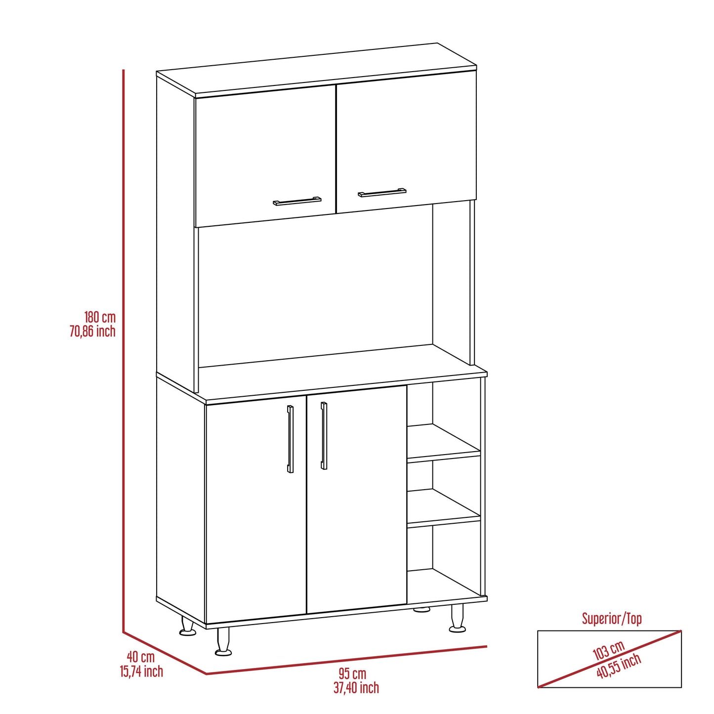 Modern White Freestanding Double Door Pantry Cabinet with Adjustable Legs and Open Shelving