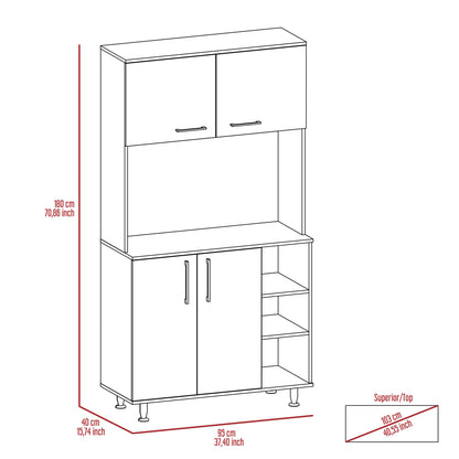 Modern White Freestanding Double Door Pantry Cabinet with Adjustable Legs and Open Shelving