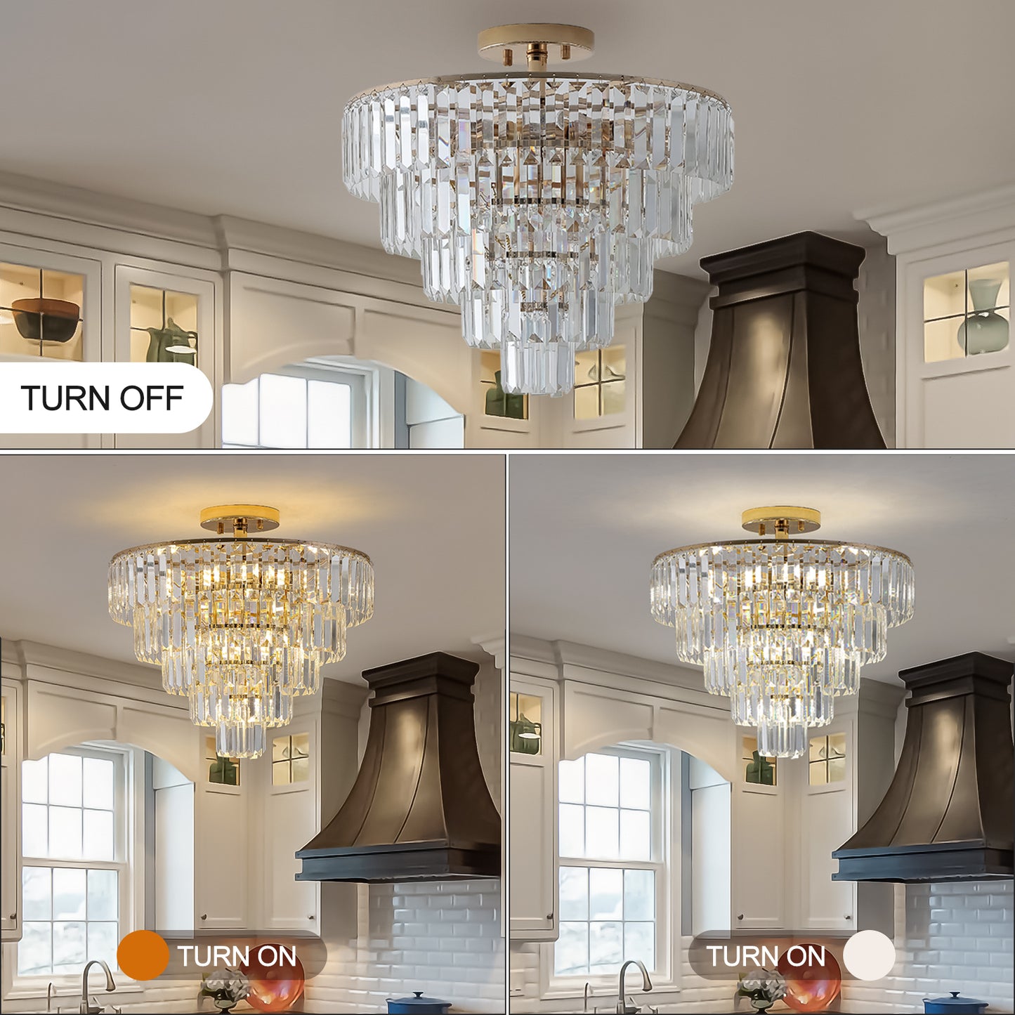 5-Tier Round Crystal Chandelier, Semi-Flush Mount, Living Room/Dining Hallway, 19.3x19.7in, Gold