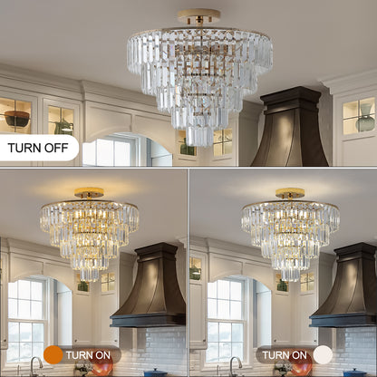 5-Tier Round Crystal Chandelier, Semi-Flush Mount, Living Room/Dining Hallway, 19.3x19.7in, Gold