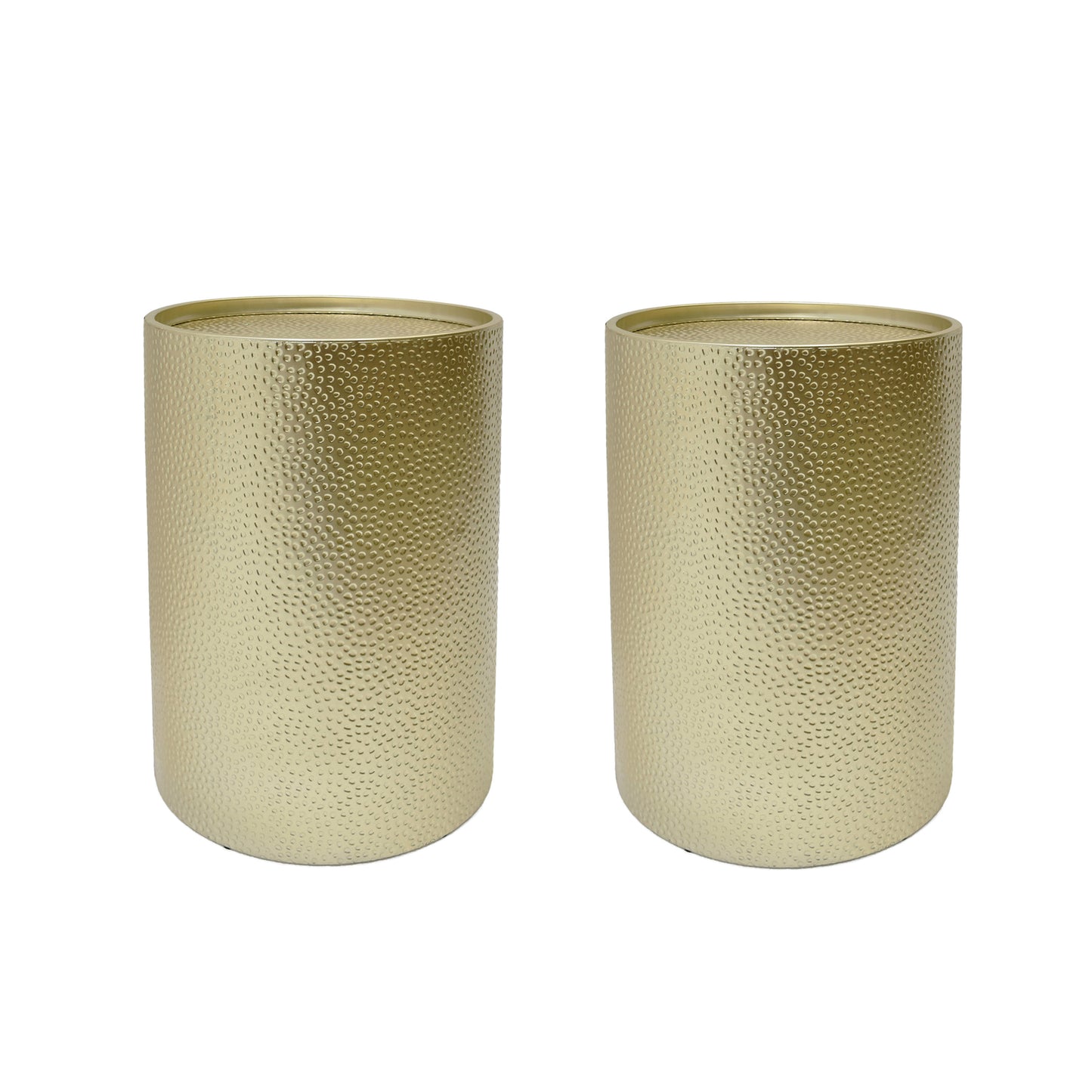 Set of 2 Cylindrical Iron Side Tables with Hammered Finish, 16x16x22.25 in, Modern Living Room, Gold