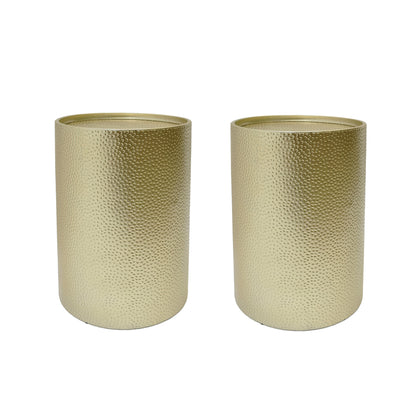 Set of 2 Cylindrical Iron Side Tables with Hammered Finish, 16x16x22.25 in, Modern Living Room, Gold