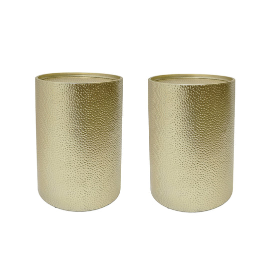 Set of 2 Cylindrical Iron Side Tables with Hammered Finish, 16x16x22.25 in, Modern Living Room, Gold