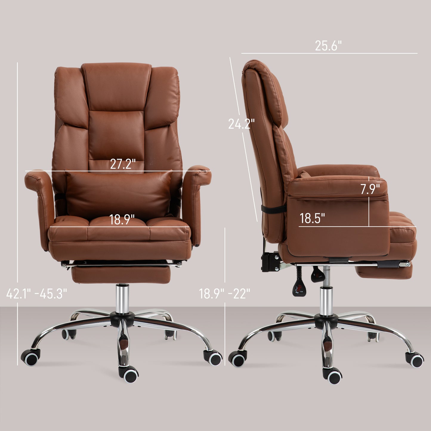 Ergonomic PU Leather Executive Desk Chair with Footrest and Adjustable Lumbar Support, Brown