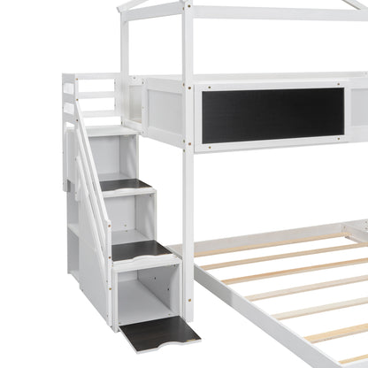 Whimsical Twin over Full House Bunk Bed with Storage Steps and Blackboard, White