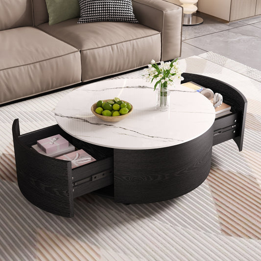 Round Coffee Table with Casters, Sintered Stone Marble-Pattern Top, 29.5in, 2-Drawer, Living Room, Black