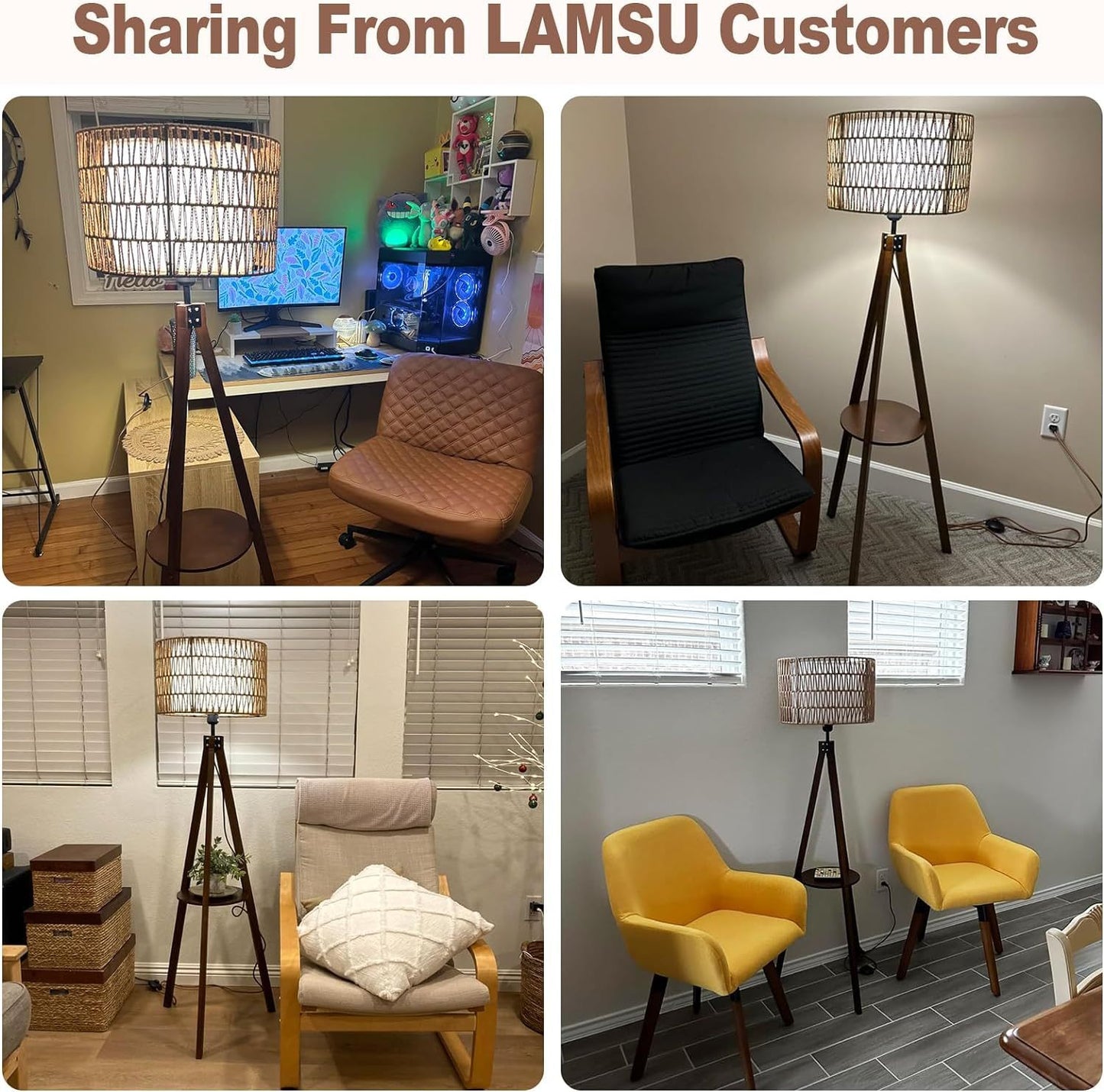 59-Inch Tripod Floor Lamp with Shelves, Wood Mid-Century Lamp with Rattan & Fabric Shades, On/Off Foot Switch, Brown