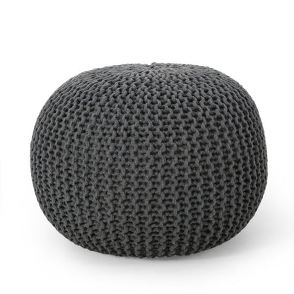 Round Knitted Cotton Pouf Ottoman for Living Room Floor Seating, 20x20x13 in, 200 lb Capacity, Gray