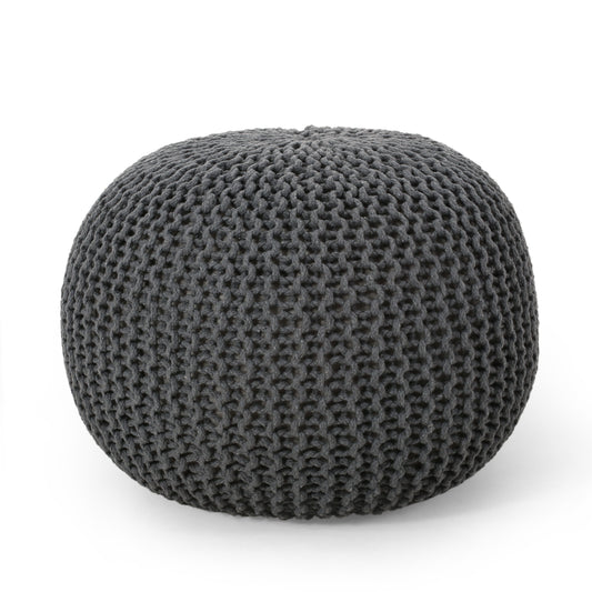Round Knitted Cotton Pouf Ottoman for Living Room Floor Seating, 20x20x13 in, 200 lb Capacity, Gray