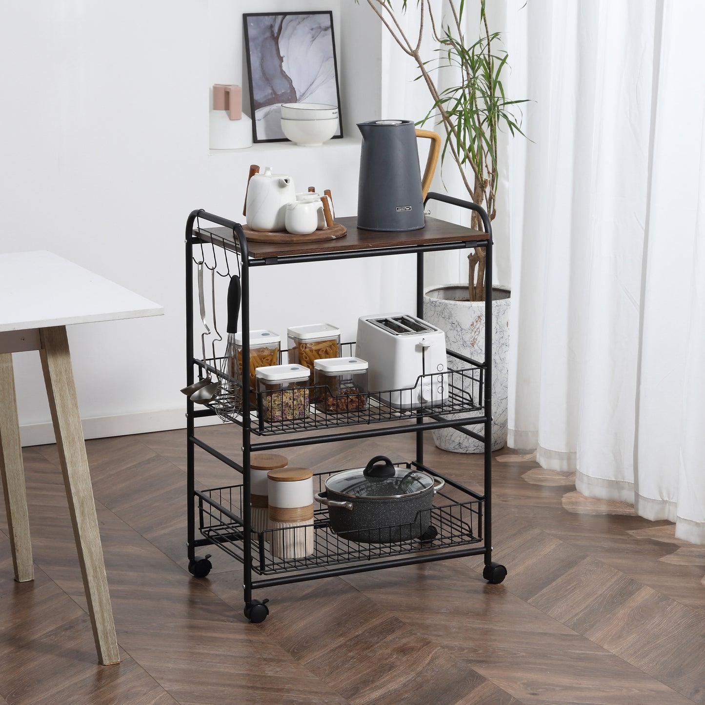 Walnut 3 Tier Rolling Kitchen Island Cart With Baskets