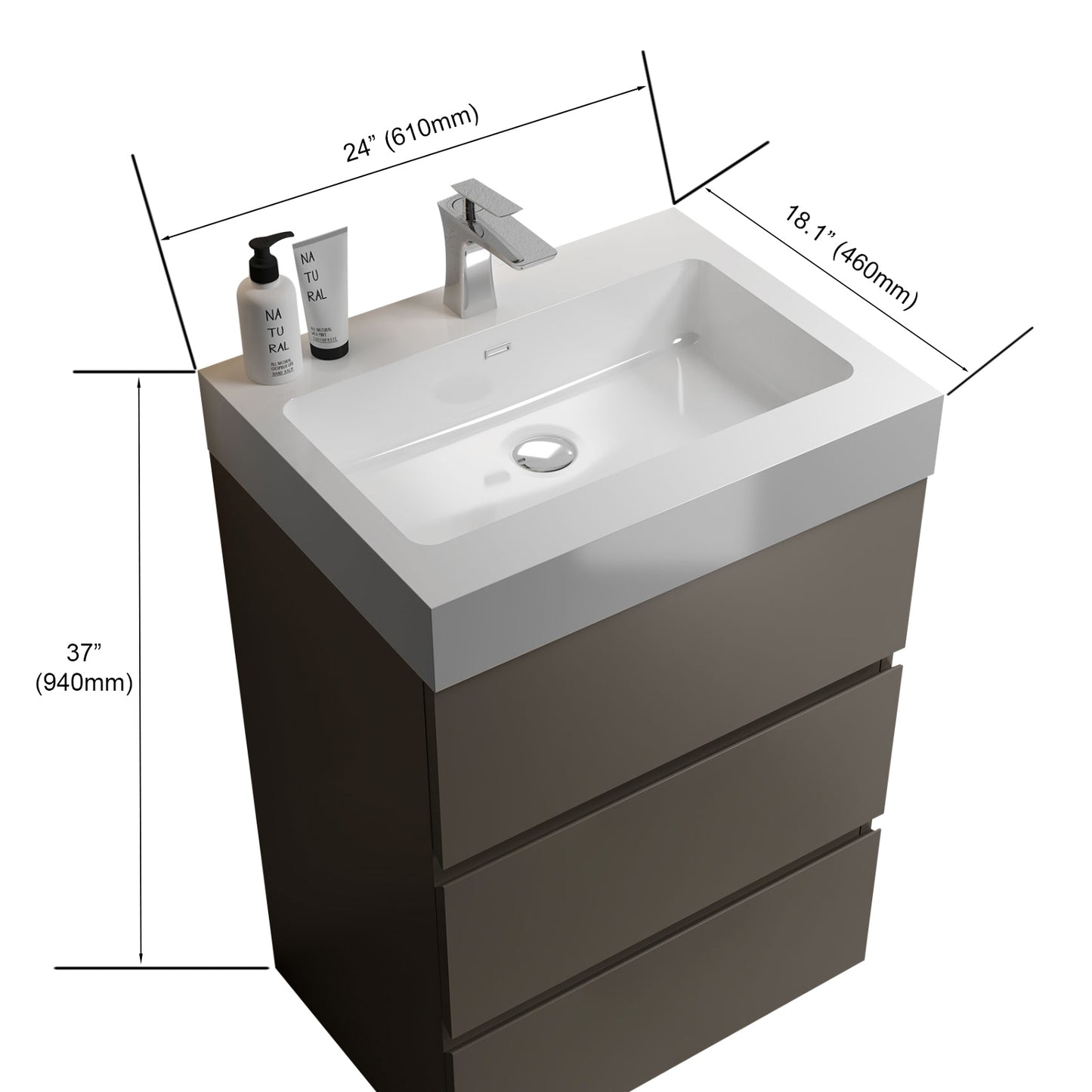 Contemporary 24" Gray Freestanding Bathroom Vanity with Glossy White Sink, Efficient Storage Solution with Silent Drawers, Pre-assembled Design