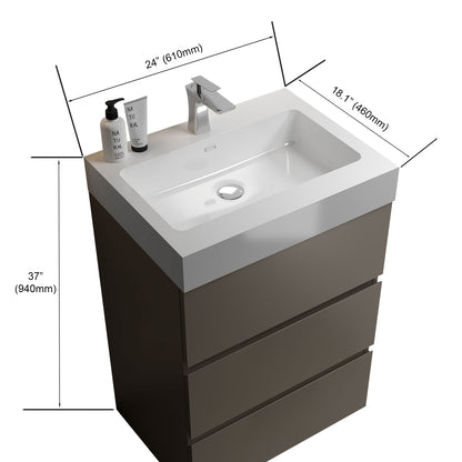 Contemporary 24" Gray Freestanding Bathroom Vanity with Glossy White Sink, Efficient Storage Solution with Silent Drawers, Pre-assembled Design