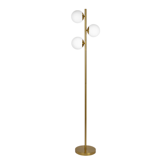 Modern Floor Lamp with Opal Glass Shades, 64-Inch Tall, Brass Round Base, Warm Ambient Lighting, Gold