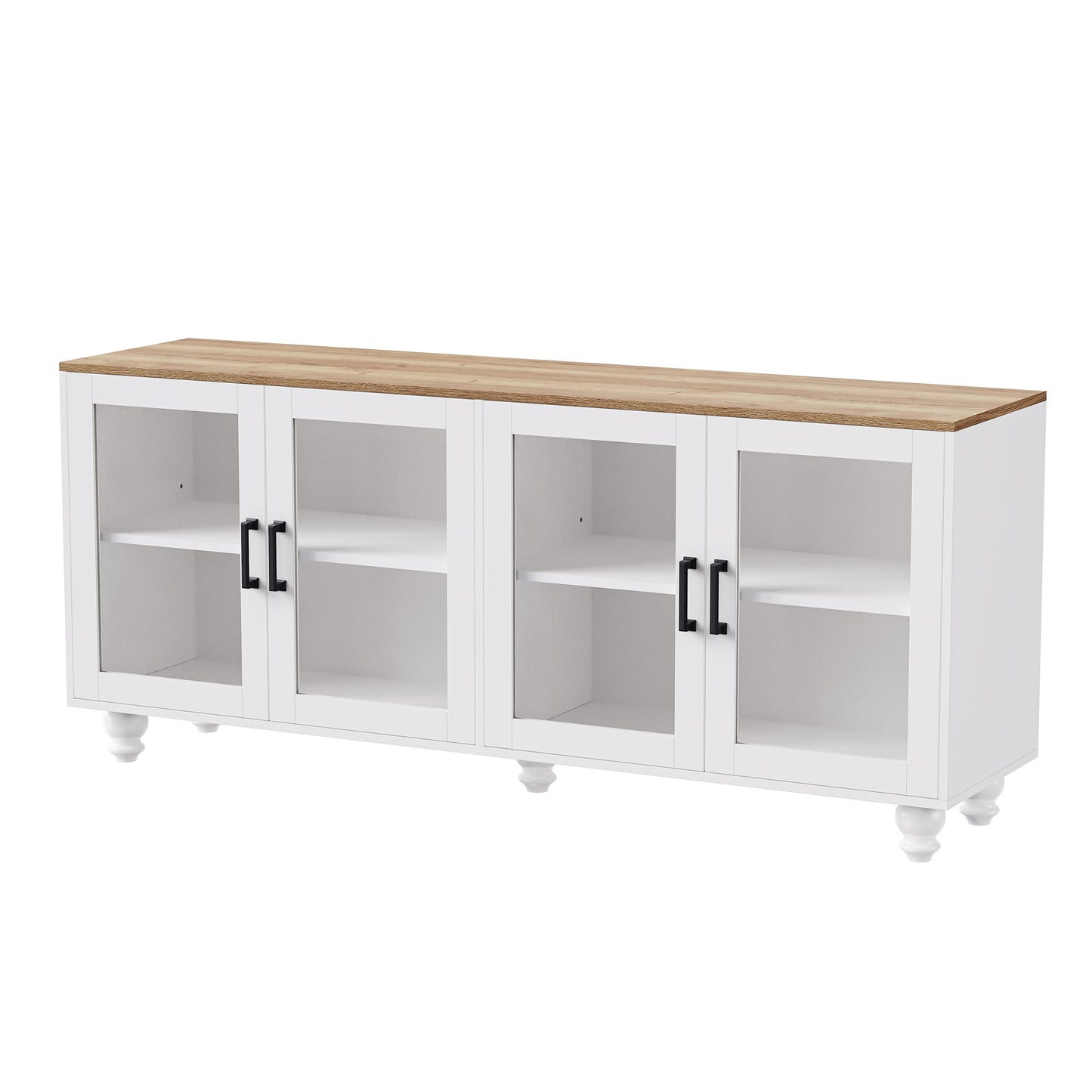 ON-TREND Farmhouse TV Stand with Tempered Glass Doors for TVs Up to 70", Versatile Sideboard with Adjustable Shelves, Elegant Buffet Cabinet with 5 Solid Wood Gourd-Shaped Legs for Living Room, White