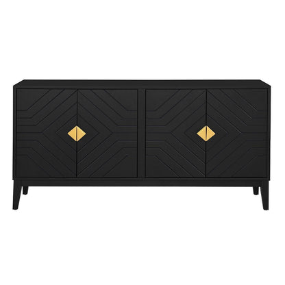 4-Door Sideboard Storage Cabinet for Living Room and Dining Room, Two Large Cabinets with Gold Handles and Adjustable Shelf, Black