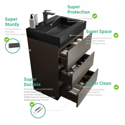 Contemporary 24" Gray Bathroom Vanity with Black Sink Basin, Stylish Freestanding Design for Modern Spaces, Pre-assembled with Ample Storage Solutions