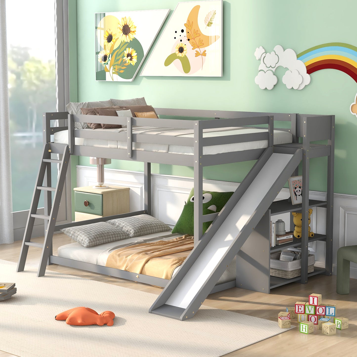 Gray Full Over Full Bunk Bed with Slide, Ladder, and Storage Shelves