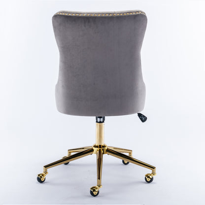 Luxurious Gray Velvet Tufted Home Office Chair with Gold Metal Base, Adjustable Swivel Design