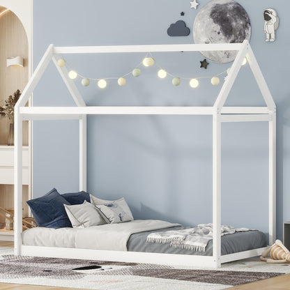White Twin Size Pine Wood House Bed for Kids