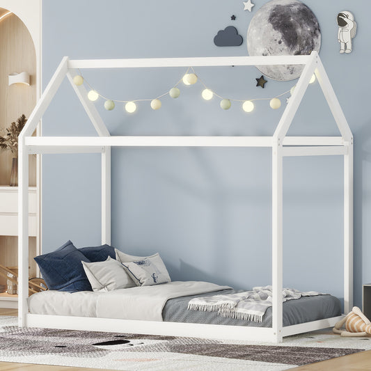 White Twin Size Pine Wood House Bed for Kids