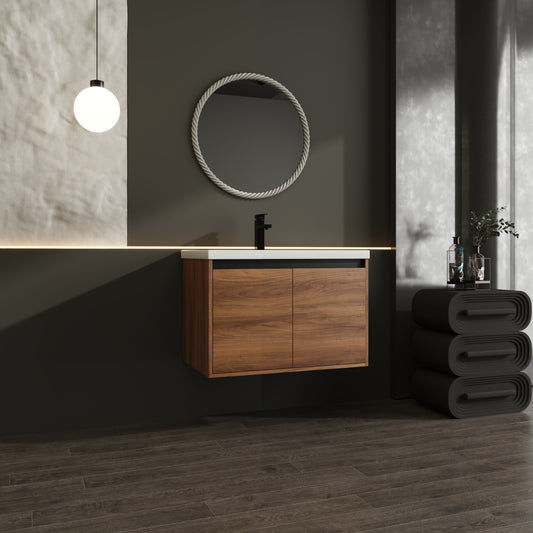 30-Inch LEVISTAR Brown Engineered Wood Bathroom Vanity with Resin Sink and Dual Door Storage Cabinet