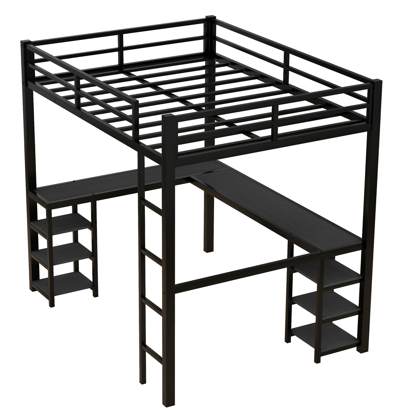 Stylish Black Metal Loft Bed with Integrated Desk and Storage Shelves