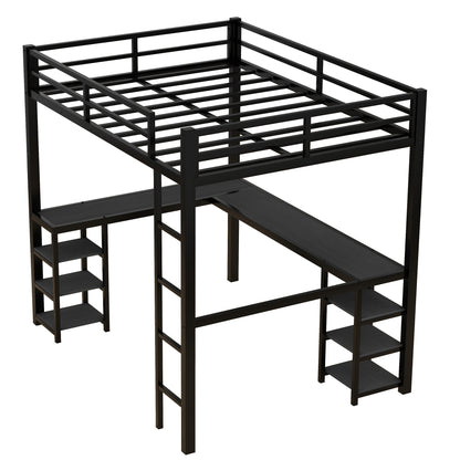Stylish Black Metal Loft Bed with Integrated Desk and Storage Shelves
