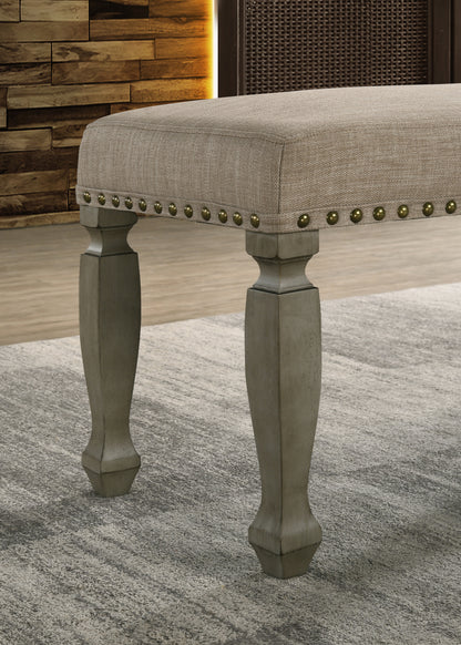Upholstered Nailhead Bench with Tan Seat, Solid Wood Frame, 48.6 x 15.2 x 18 in, Antique Gray Finish