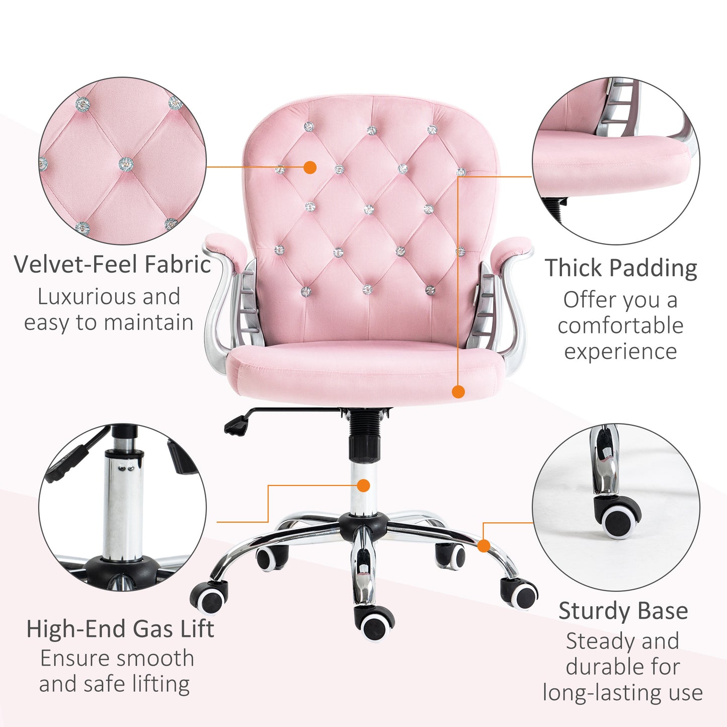 Pink Velvet Adjustable Office Chair with Padded Armrests and Swivel Wheels