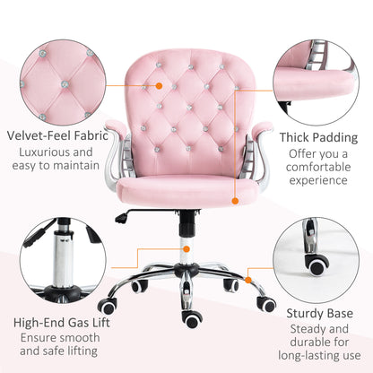 Pink Velvet Adjustable Office Chair with Padded Armrests and Swivel Wheels