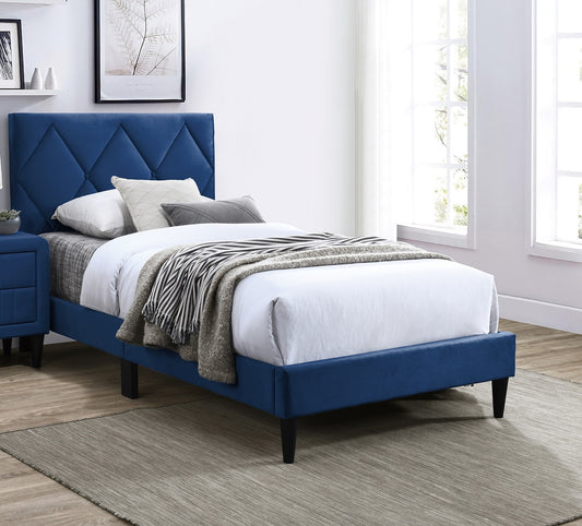 Navy Blue Velvet Upholstered Twin Bed with Adjustable Headboard for Youth Bedrooms
