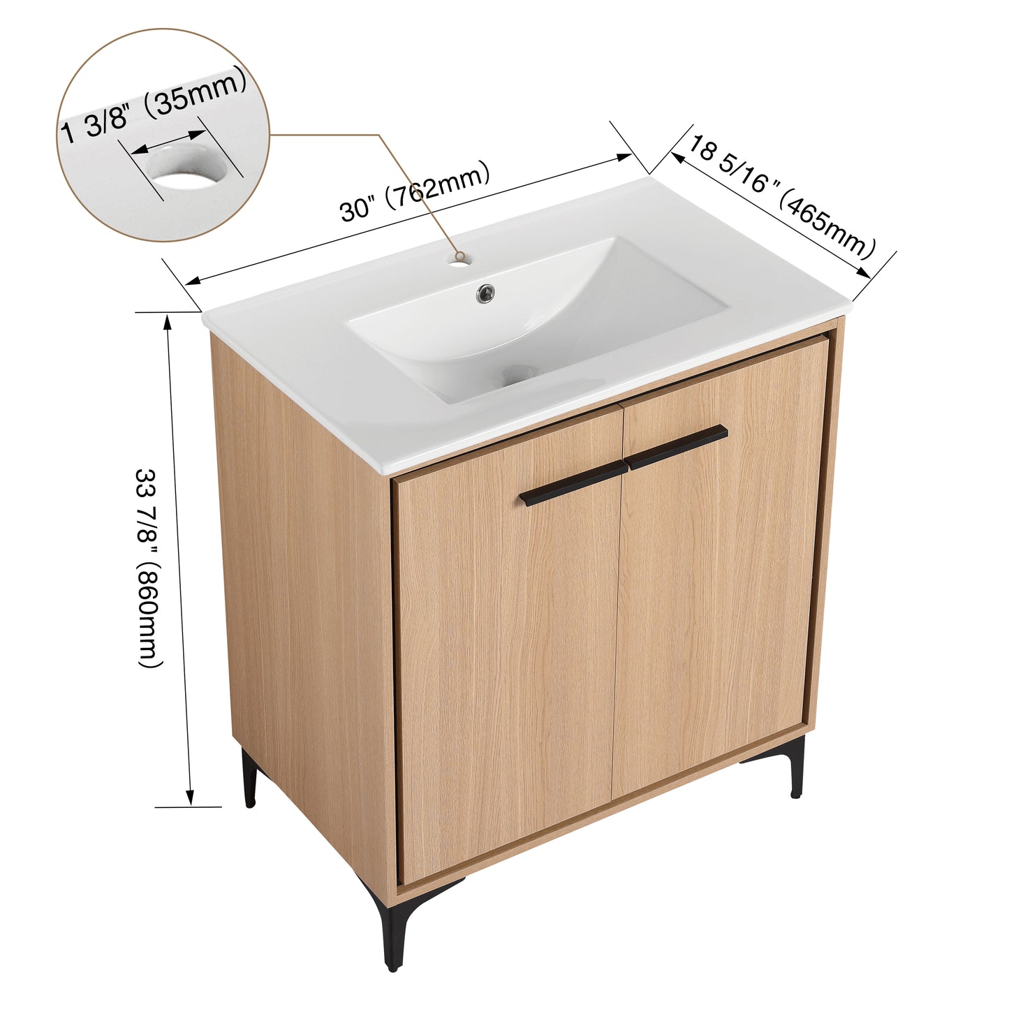 30-Inch Oak Bathroom Vanity Base with Ceramic Basin and Double Door Storage Cabinet