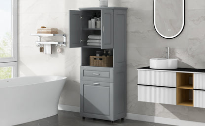 Tall Grey Storage Cabinet with Removable Laundry Hamper, Multi-Functional Upper Shelves and Cabinet Doors