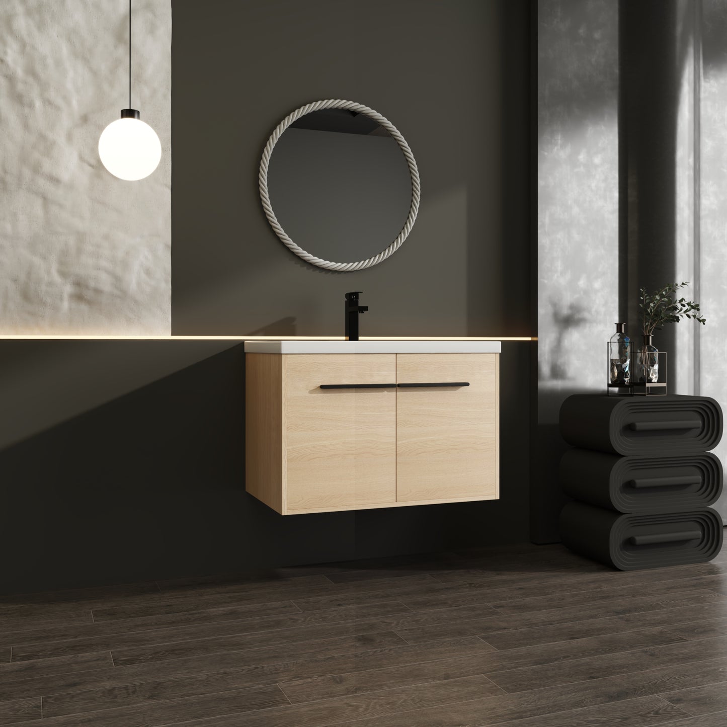 30-Inch Oak Bathroom Vanity Set with Resin Sink and Storage Cabinet