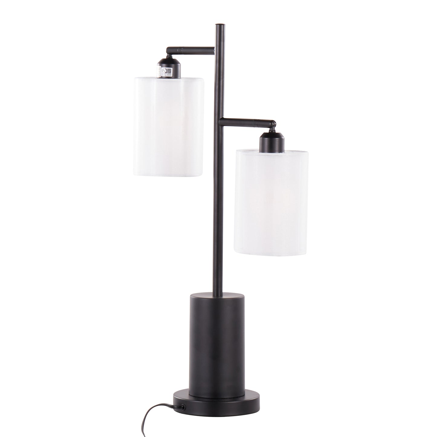 Contemporary Two-Light Table Lamp with Adjustable Heads, White Drum Shades, 2 LED Bulbs, Indoor, Black