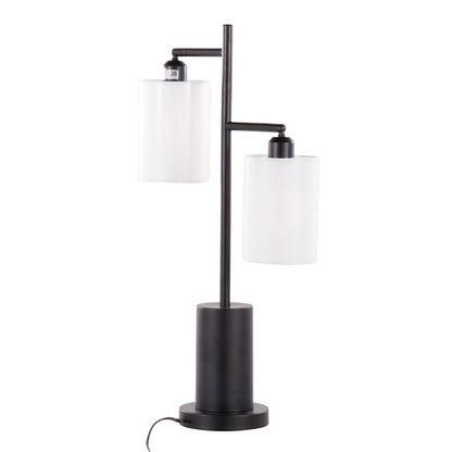 Contemporary Two-Light Table Lamp with Adjustable Heads, White Drum Shades, 2 LED Bulbs, Indoor, Black