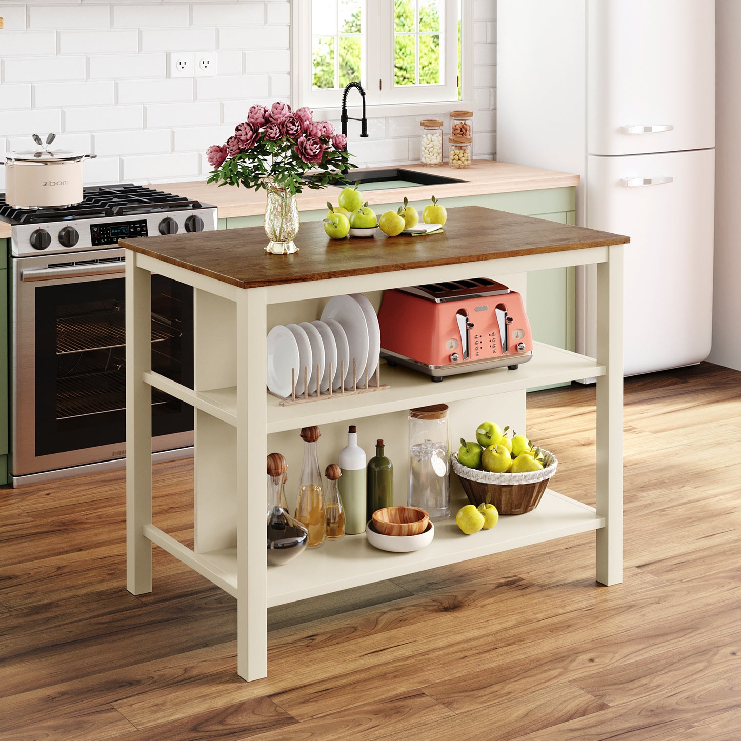 Rustic 45" Rubberwood Kitchen Island with Dual Open Shelves - Walnut & Cream White Finish
