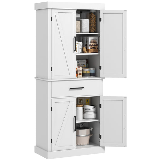 Elegant White Farmhouse Kitchen Pantry Cabinet with Adjustable Shelves and Barn Doors