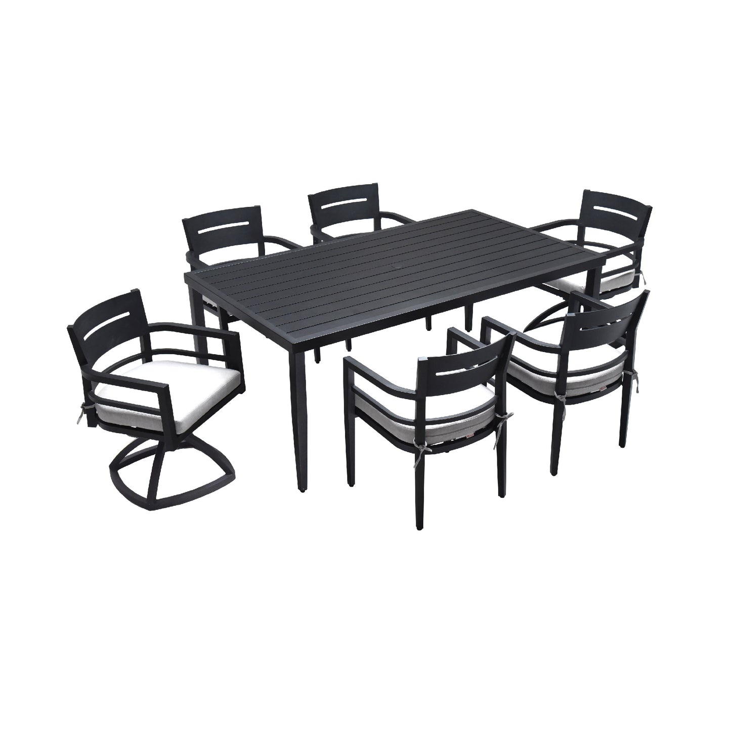 7-Piece Outdoor Aluminum Dining Set with Table, 4 Chairs and 2 Rockers, Umbrella Hole Ember Black