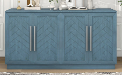 TREXM Sideboard with 4 Doors Large Storage Space Buffet Cabinet with Adjustable Shelves and Silver Handles for Kitchen, Dining Room, Living Room (Antique Blue)