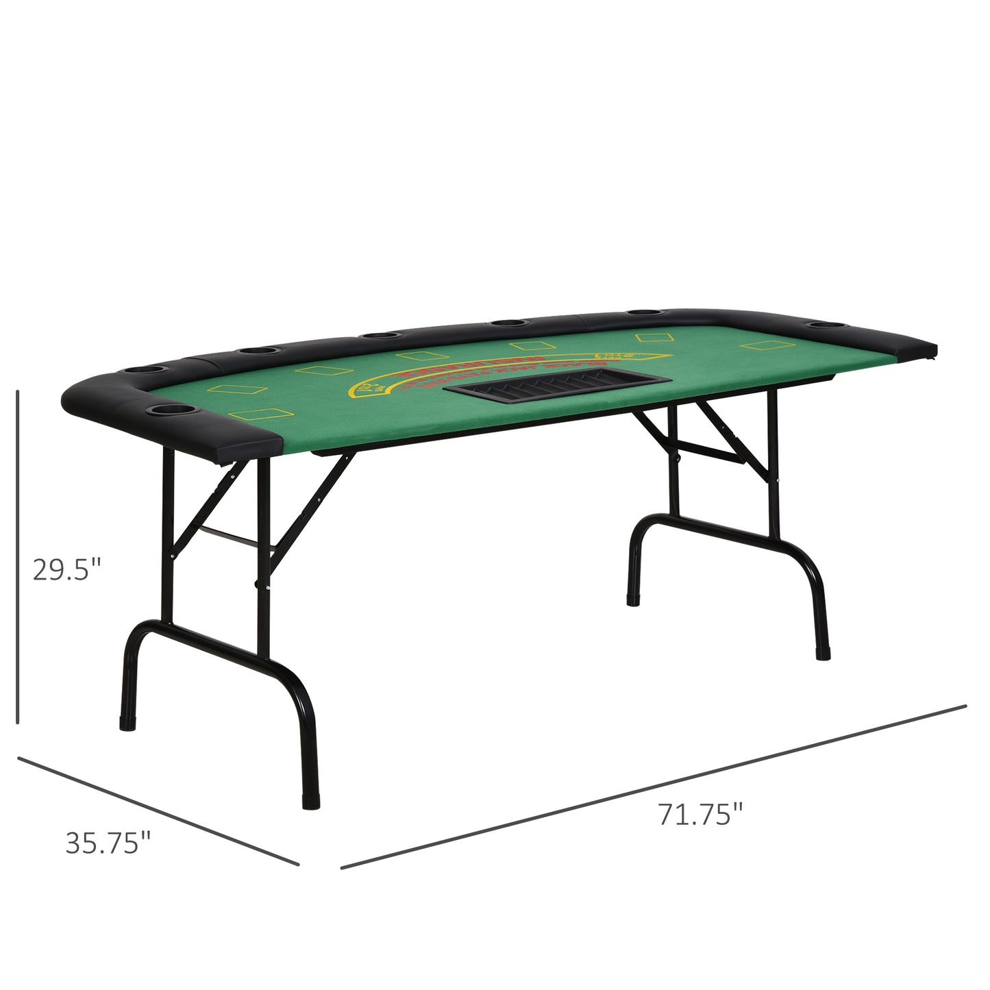 72-Inch Poker Table for 7 Players with Chip Tray and 7 Cup Holders, Blackjack Layout, MDF/Steel Green