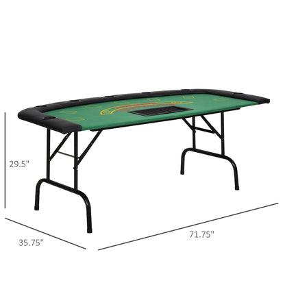 72-Inch Poker Table for 7 Players with Chip Tray and 7 Cup Holders, Blackjack Layout, MDF/Steel Green
